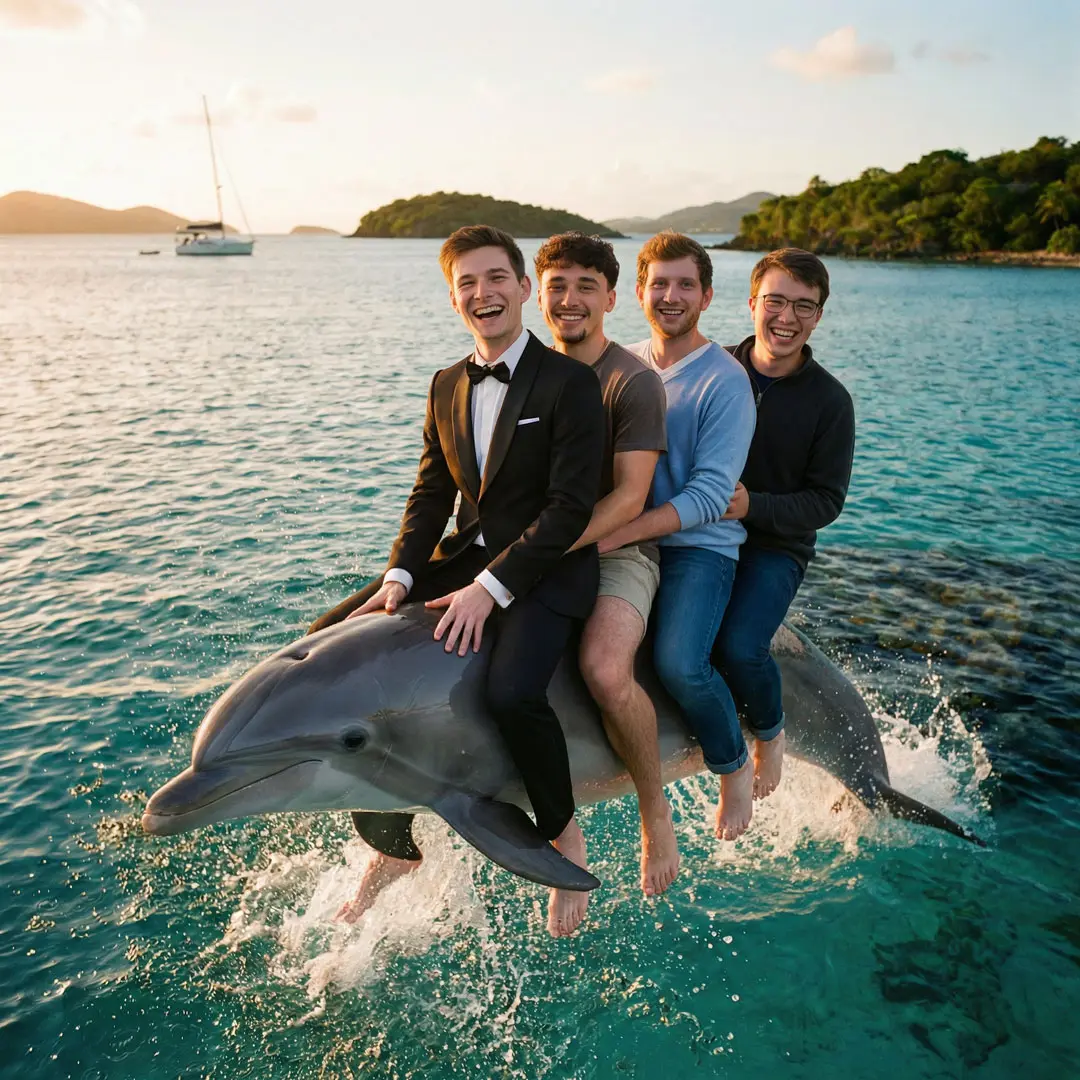Vier lachende junge Männer sitzen hintereinander auf dem Rücken eines Delfins, der im tropischen Meer aus dem Wasser springt. Im Hintergrund sind Inseln und ein Segelboot bei Abendstimmung zu sehen.