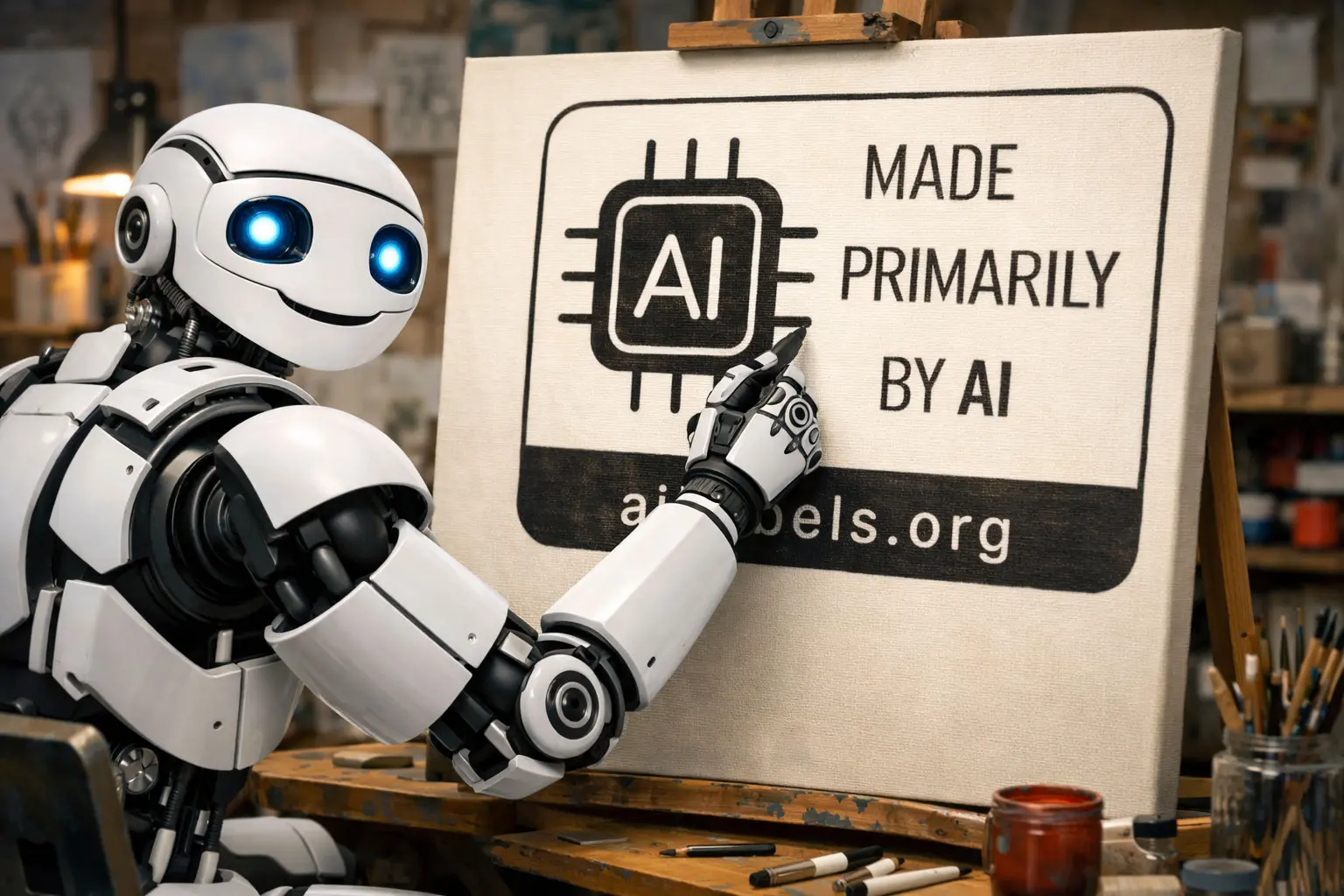 Freundlicher weiss-schwarzer Roboter zeichnet ein «Made primarily by AI»-Label auf eine Leinwand.