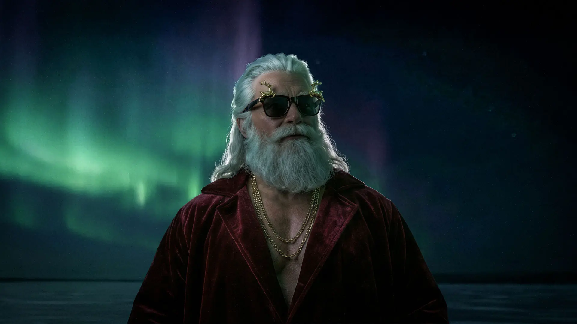 orträt eines modern gestylten Santa Claus mit weissem Haar und Bart vor Nordlichtern. Er trägt eine dunkle Sonnenbrille mit goldenem Rentier-Aufsatz, zwei Goldketten und einen offenen, dunkelroten Samtmantel.