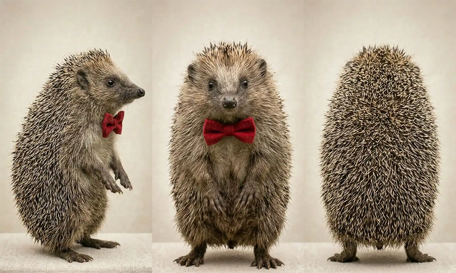 Drei Ansichten eines Igels mit roter Fliege vor hellem Hintergrund: von der Seite, von vorne und von hinten.