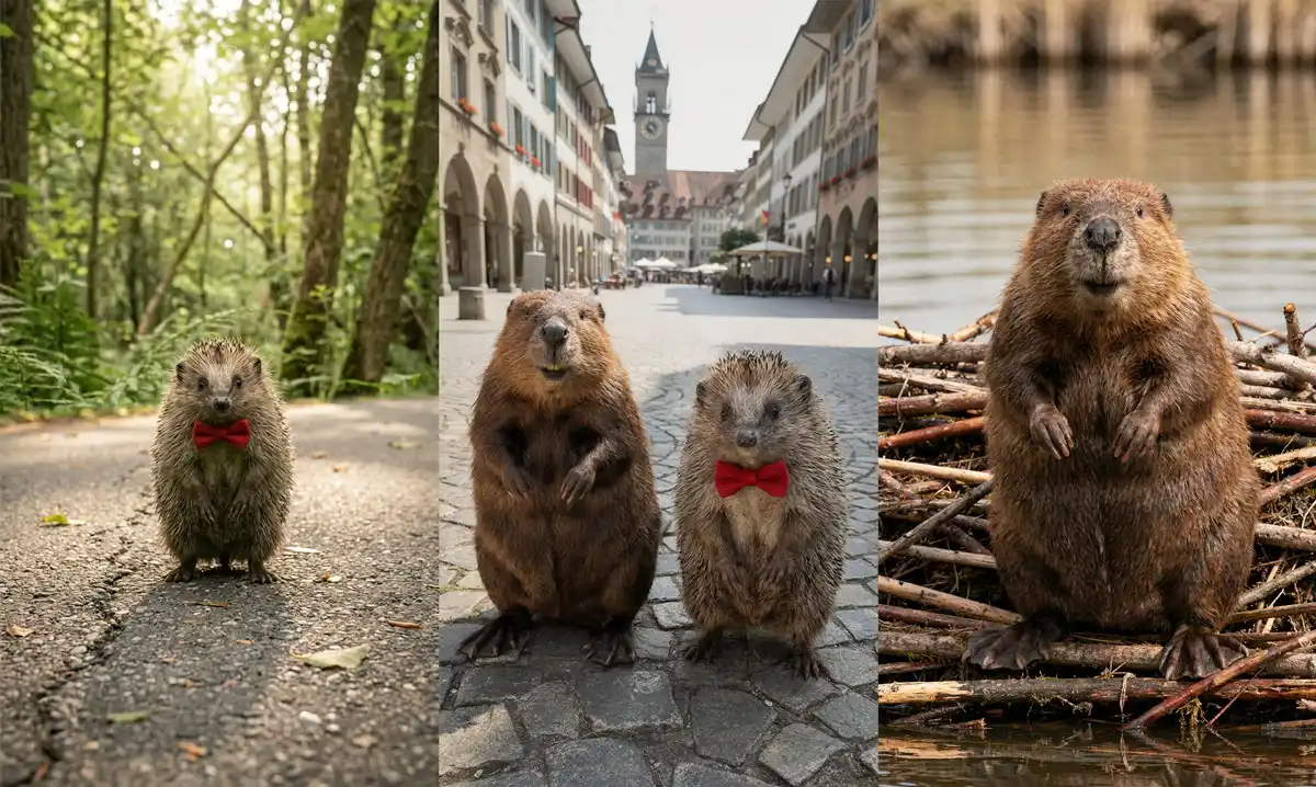 Eine dreiteilige Collage: Links ein Igel mit roter Fliege auf einem Waldweg, in der Mitte ein Biber und der Igel in einer historischen Altstadtstrasse, rechts der Biber auf einer Biberburg im Wasser.