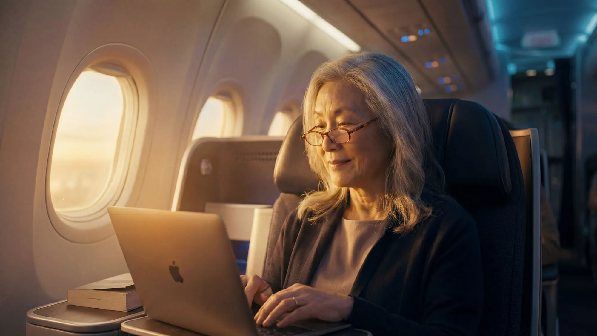 Eine ältere Frau mit Brille sitzt in einer Flugzeugkabine und arbeitet konzentriert an einem Laptop. Durch das Fenster neben ihr fällt warmes, goldenes Licht der Abendsonne.
