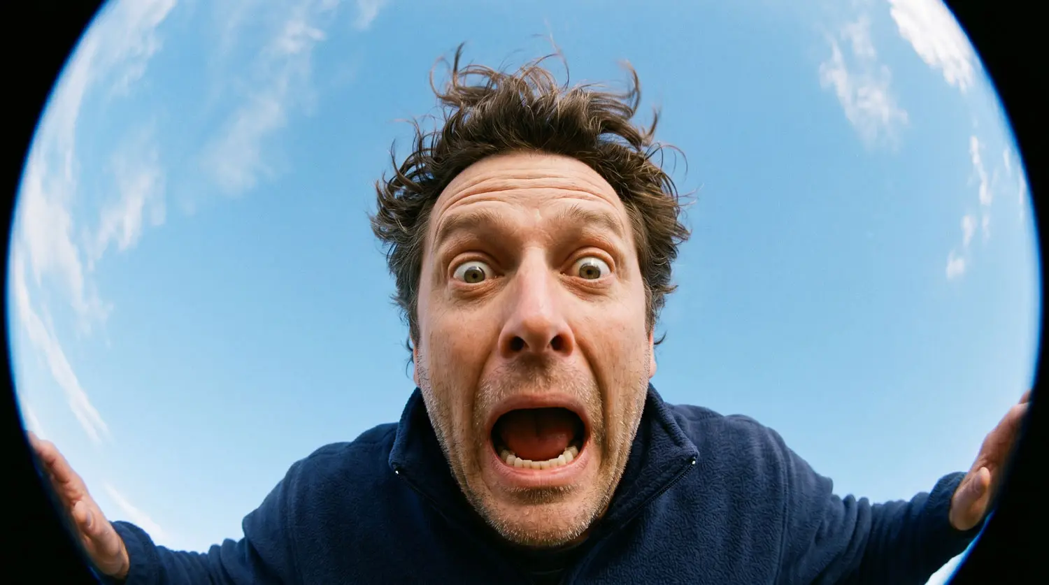Eine extreme Nahaufnahme eines Mannes, der mit weit aufgerissenen Augen und geöffnetem Mund direkt in die Kamera blickt. Die Aufnahme wurde mit einem Fisheye-Objektiv (Fischauge) gemacht, wodurch das Bild kreisrund verzerrt ist und der Kopf im Zentrum steht. Er hat zerzaustes braunes Haar und trägt eine dunkelblaue Fleecejacke vor einem hellblauen Himmel mit leichten Schleierwolken.