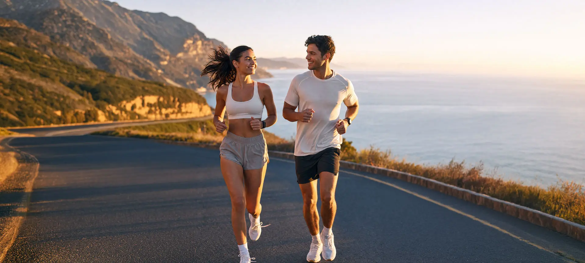 Ein Mann und eine Frau joggen gemeinsam auf einer Küstenstrasse mit Meer und Bergen im Hintergrund.
