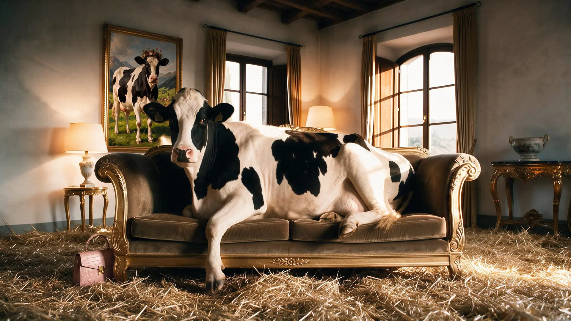 Kuh liegt auf edlem Barocksofa in herrschaftlichem Zimmer mit Heu am Boden, im Hintergrund das gerahmte Kuh-Gemälde.