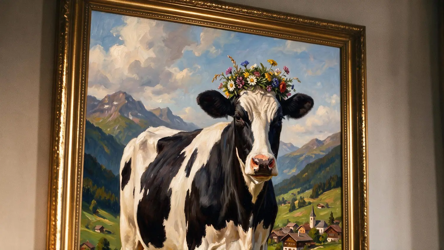 Ölgemälde einer Kuh mit Blumenkranz vor Bergpanorama, in goldenem Rahmen an der Wand.