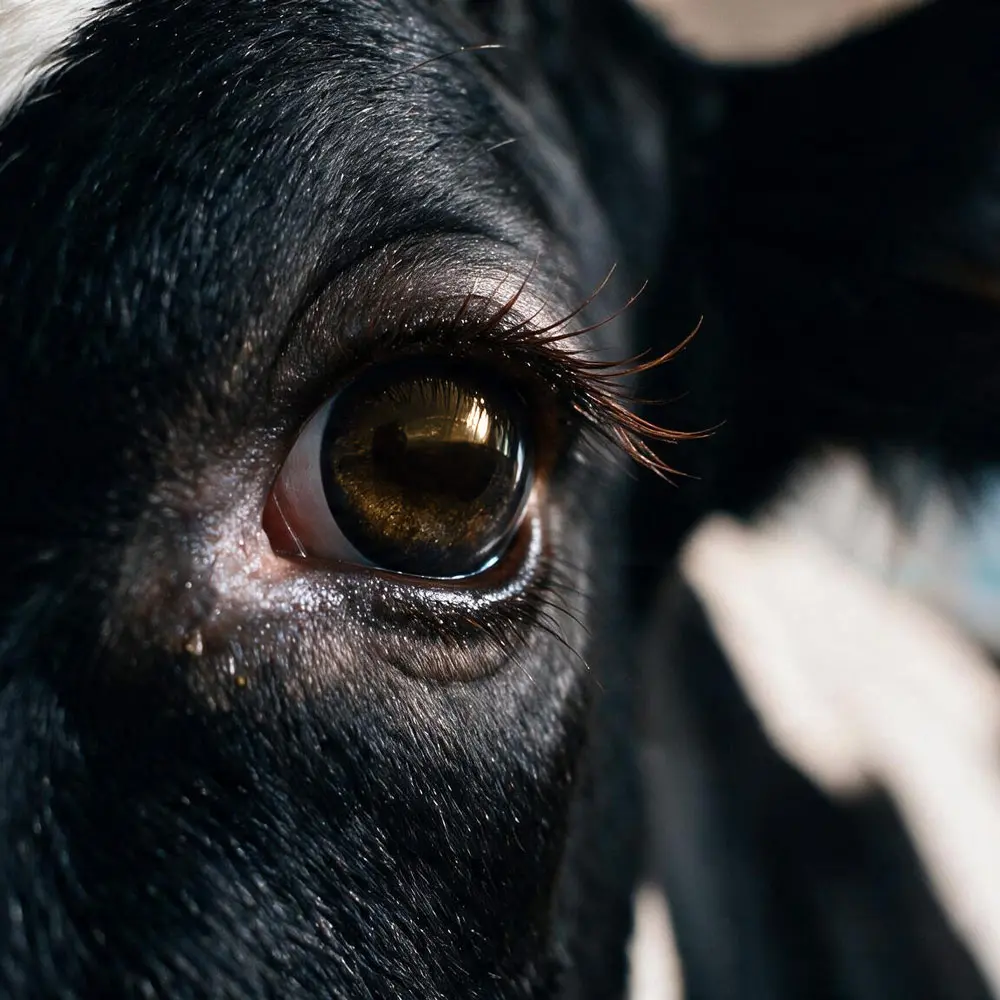 Extreme Nahaufnahme eines Kuhauges mit langen Wimpern und goldbraunem Glanz.