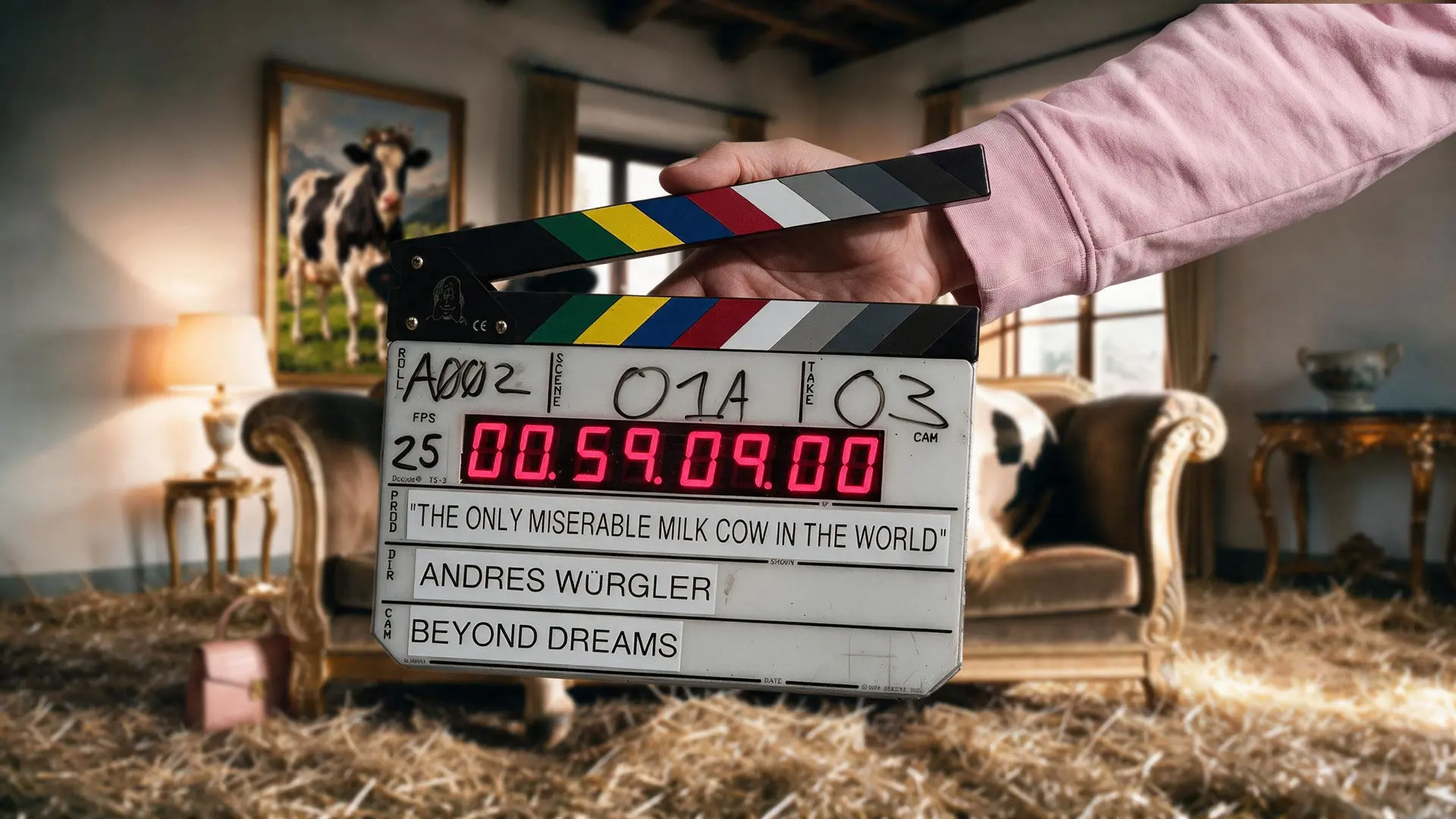 Eine Hand hält ein Filmklappe mit dem Text "The Only Miserable Milk Cow in the World", "Andres Würgler" und "Beyond Dreams". Im Hintergrund ein Wohnzimmer mit braunem Sofa, Stroh auf dem Boden und einem Bild einer Kuh an der Wand.