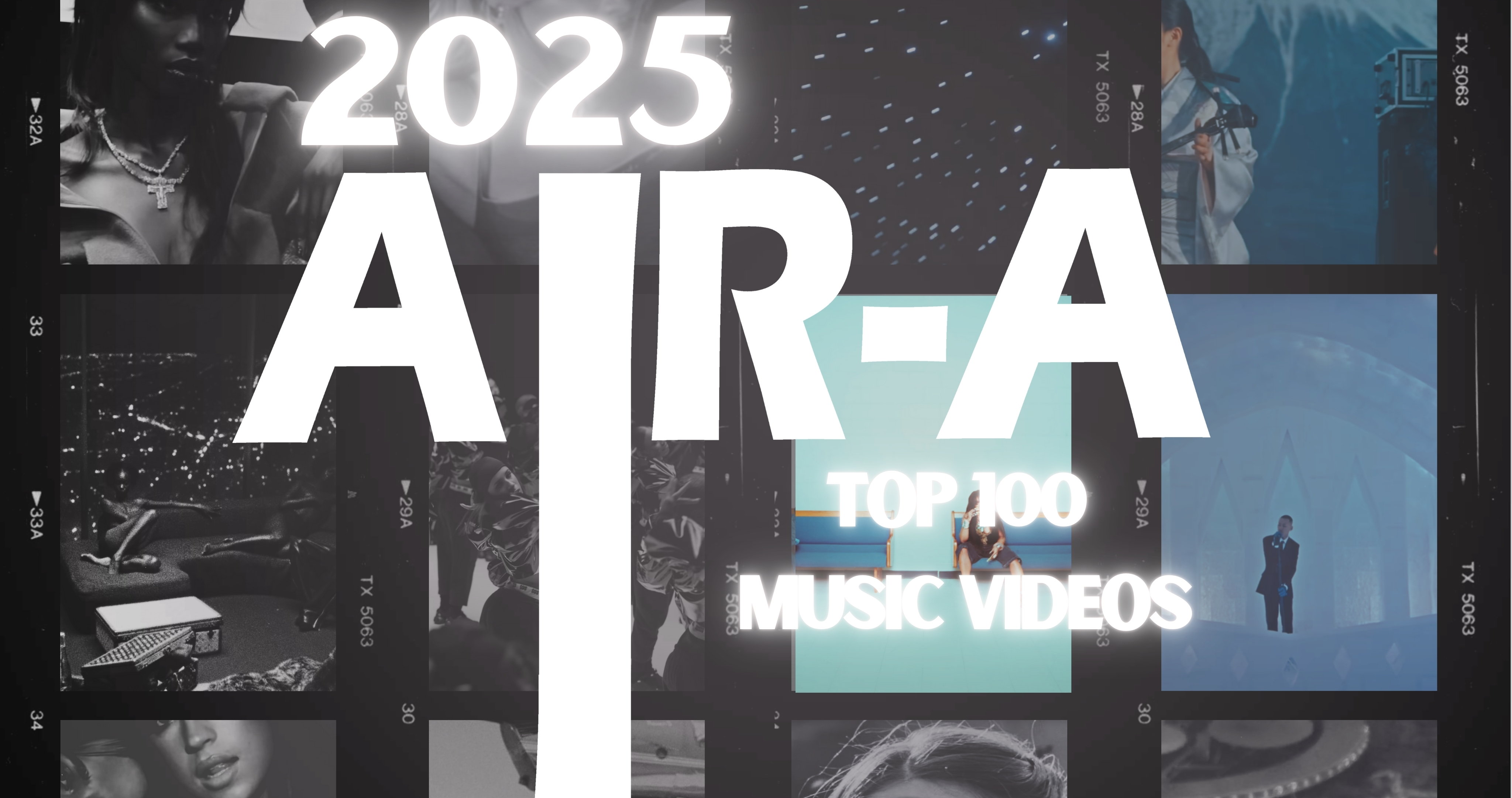 Collage of various music video stills with overlaid text reading '2025 AIR-A TOP 100 MUSIC VIDEOS'.