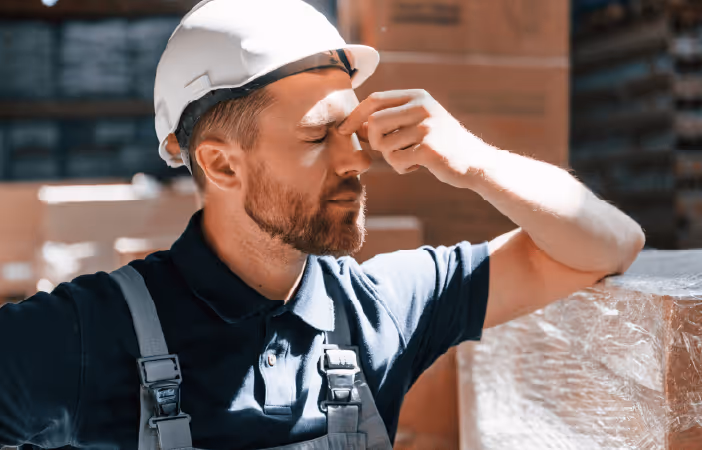 Dehydrated construction worker holding head in pain 