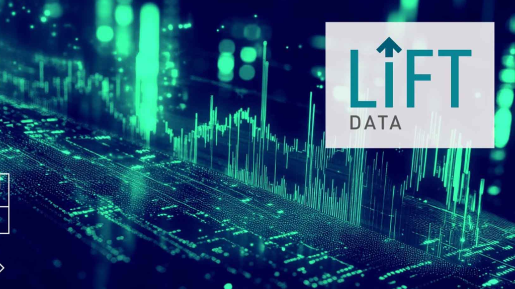 Digital data visualization with ascending green graphs and the text 'LIFT DATA' with an upward arrow over the letter I.