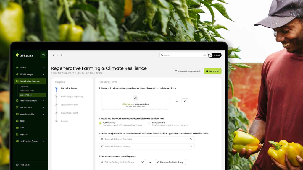 User holding yellow bell peppers next to a laptop showing a digital platform for managing regenerative farming and climate resilience financing details.