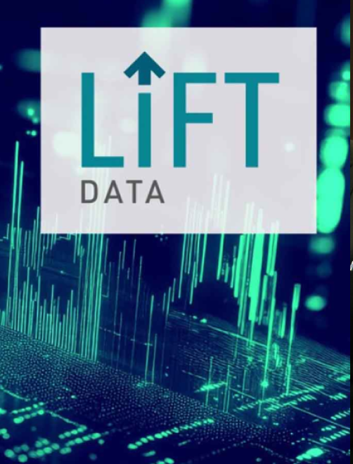 Lift Data logo with an arrow pointing up in the letter I over a digital data visualization background with green and blue light patterns.