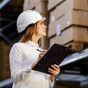 Woman wearing white hard hat and shirt holding clipboard, inspecting boxes in a warehouse.