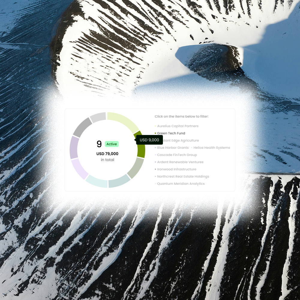 Circular chart showing nine active investments totaling USD 79,000 with a highlighted segment for Green Tech Fund valued at USD 9,000.