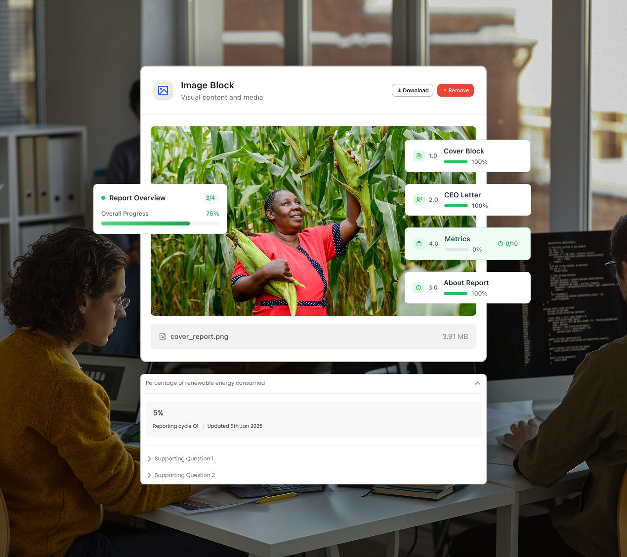 Interface showing a report overview with progress bars and a photo of a woman harvesting corn in a field.