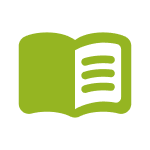Green icon of an open book with visible lines representing text.