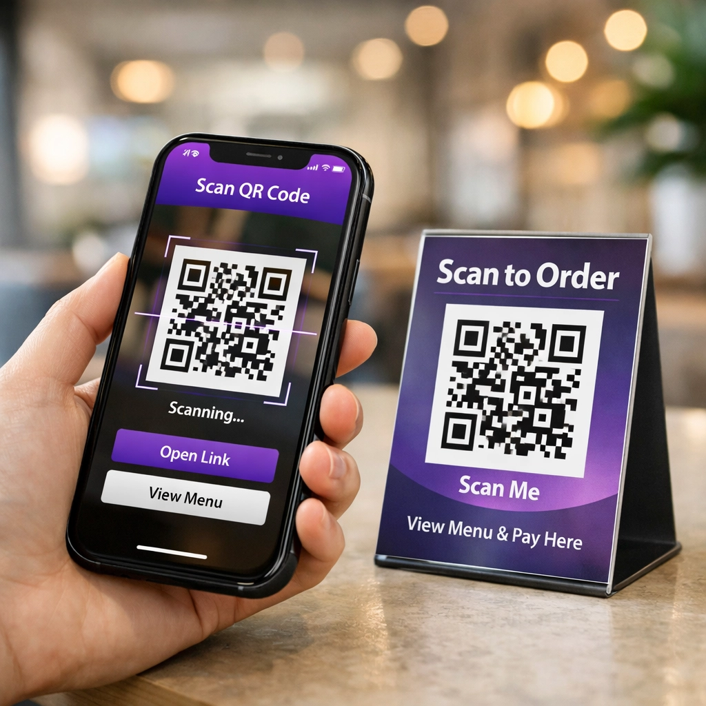 Customer scanning QR code with smartphone for instant no-app access