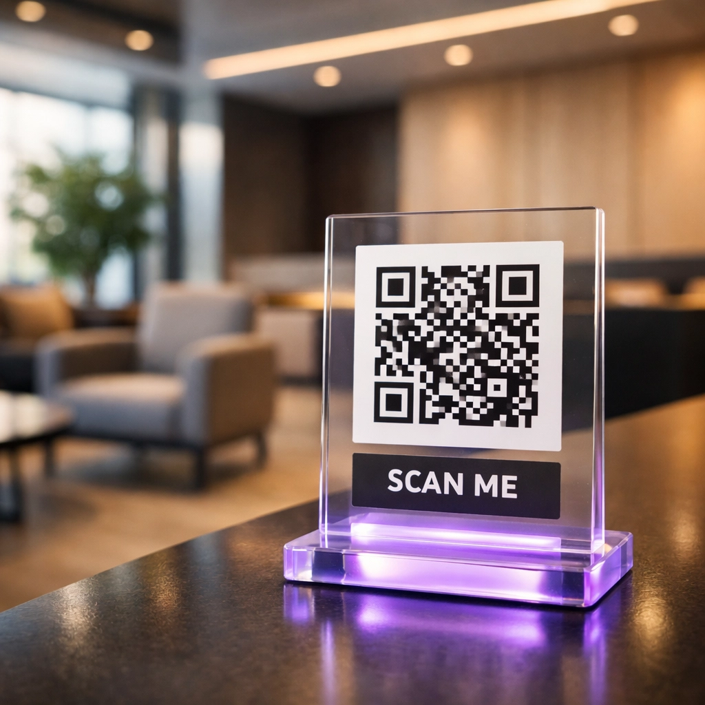 QR code display stand in modern business waiting area for customer engagement
