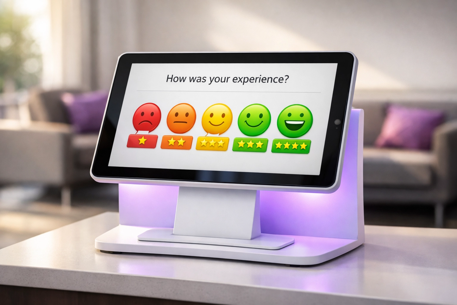 Digital feedback kiosk with star rating interface for customer surveys in waiting room