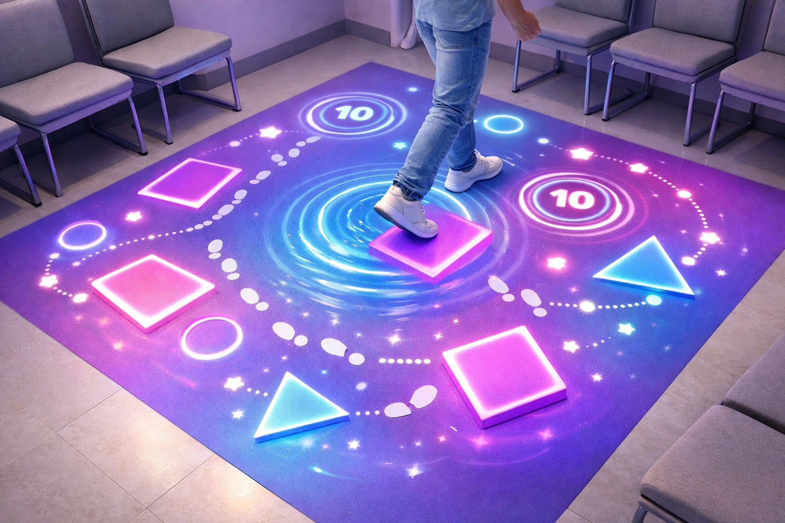 Interactive floor projection system with light patterns in contemporary waiting room