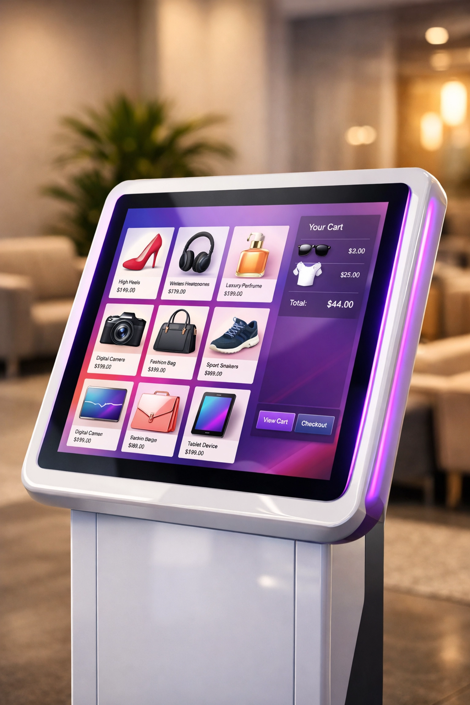 Self-service kiosk in modern waiting room displaying product ordering interface