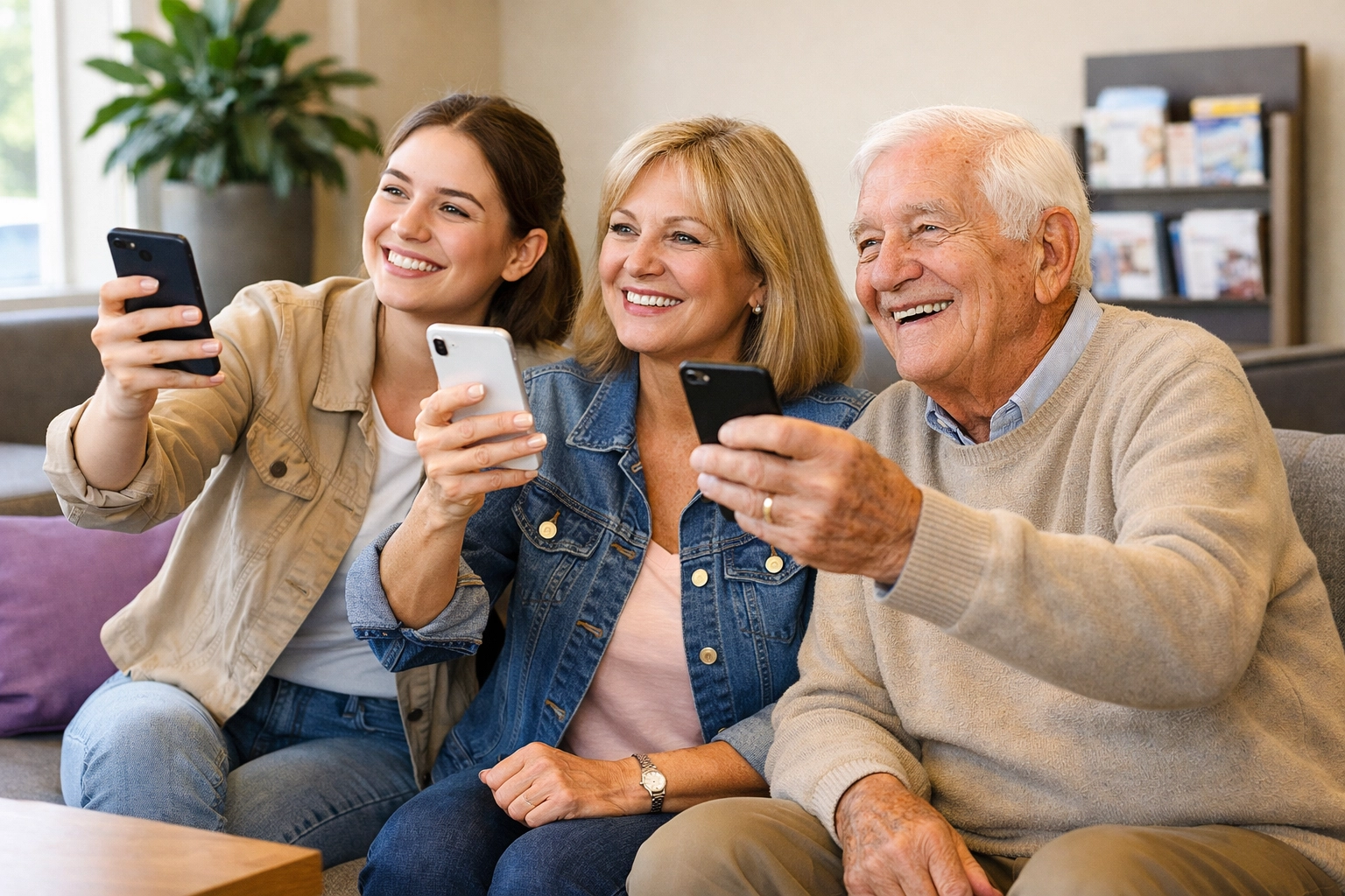 Three generations scanning QR codes in waiting room showing universal accessibility across all ages