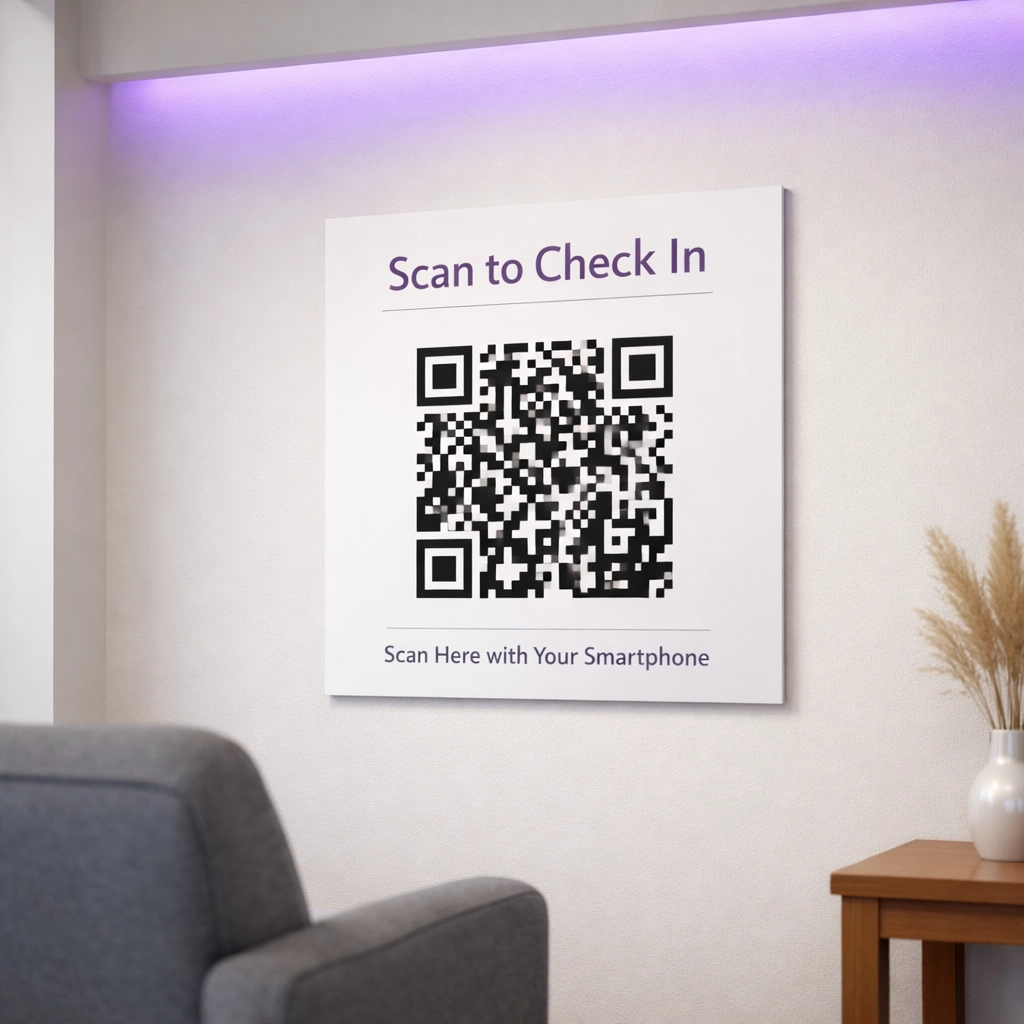 Professional waiting room setup with strategically placed QR code poster for customer experience