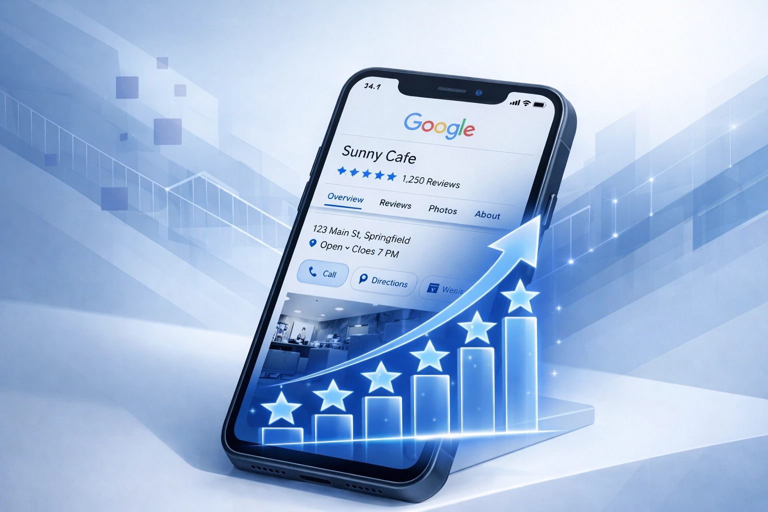 Smartphone displaying Google Business Profile with rising star ratings and growth analytics