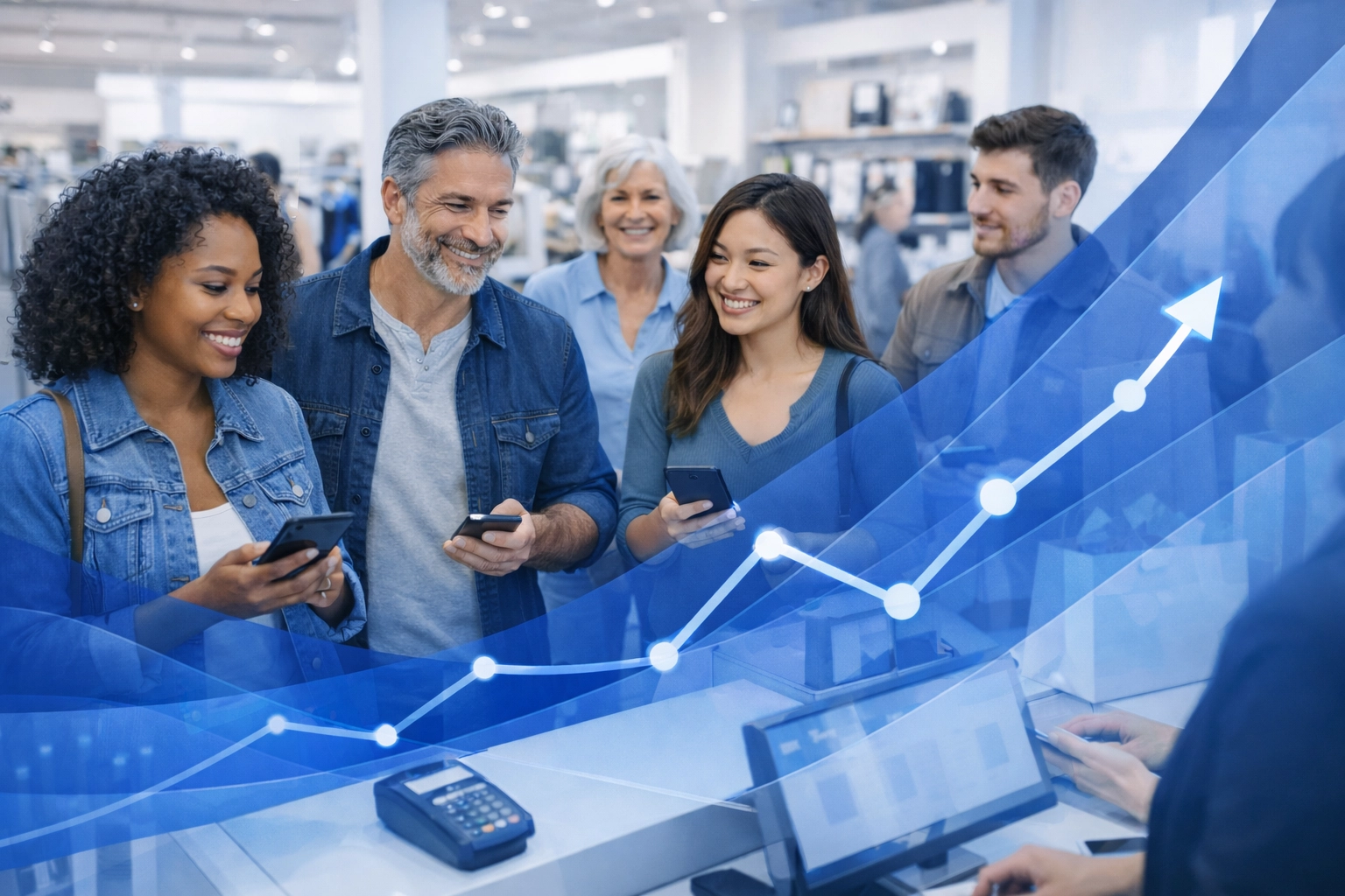 Customers at retail checkout requesting Google reviews on smartphones with upward trend analytics