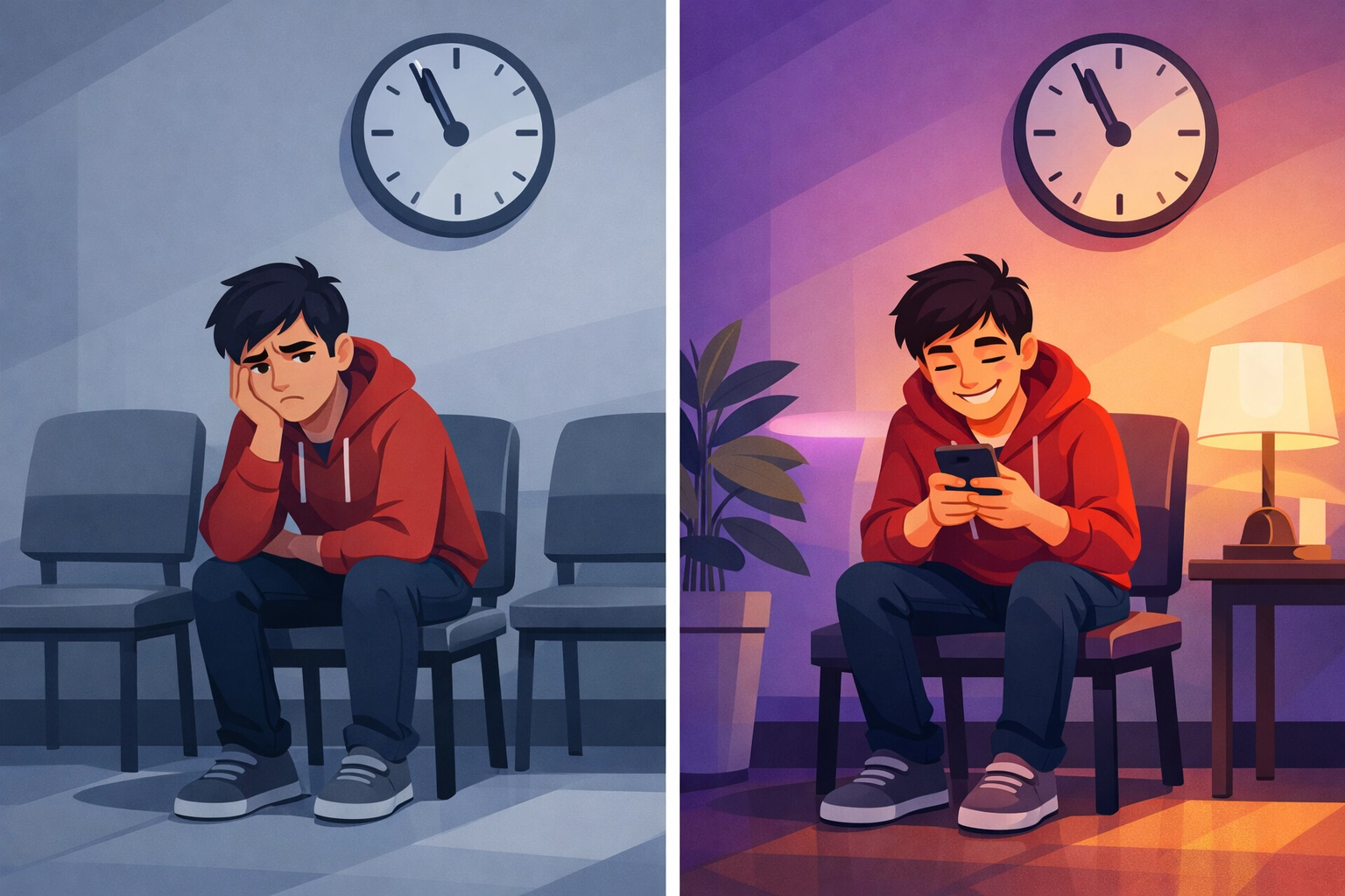 Comparison of bored versus engaged customer showing reduced perceived wait time