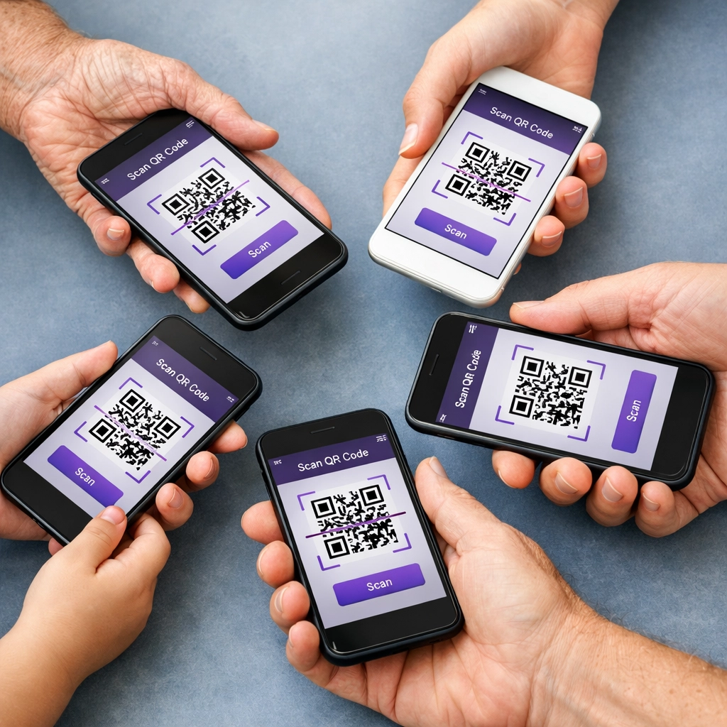 Diverse hands holding smartphones scanning QR codes demonstrating universal privacy-first customer access