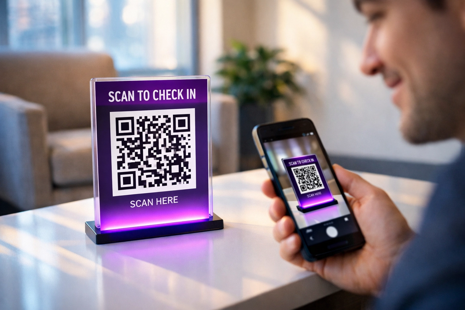 Customer scanning QR code in modern waiting room for no-app engagement platform