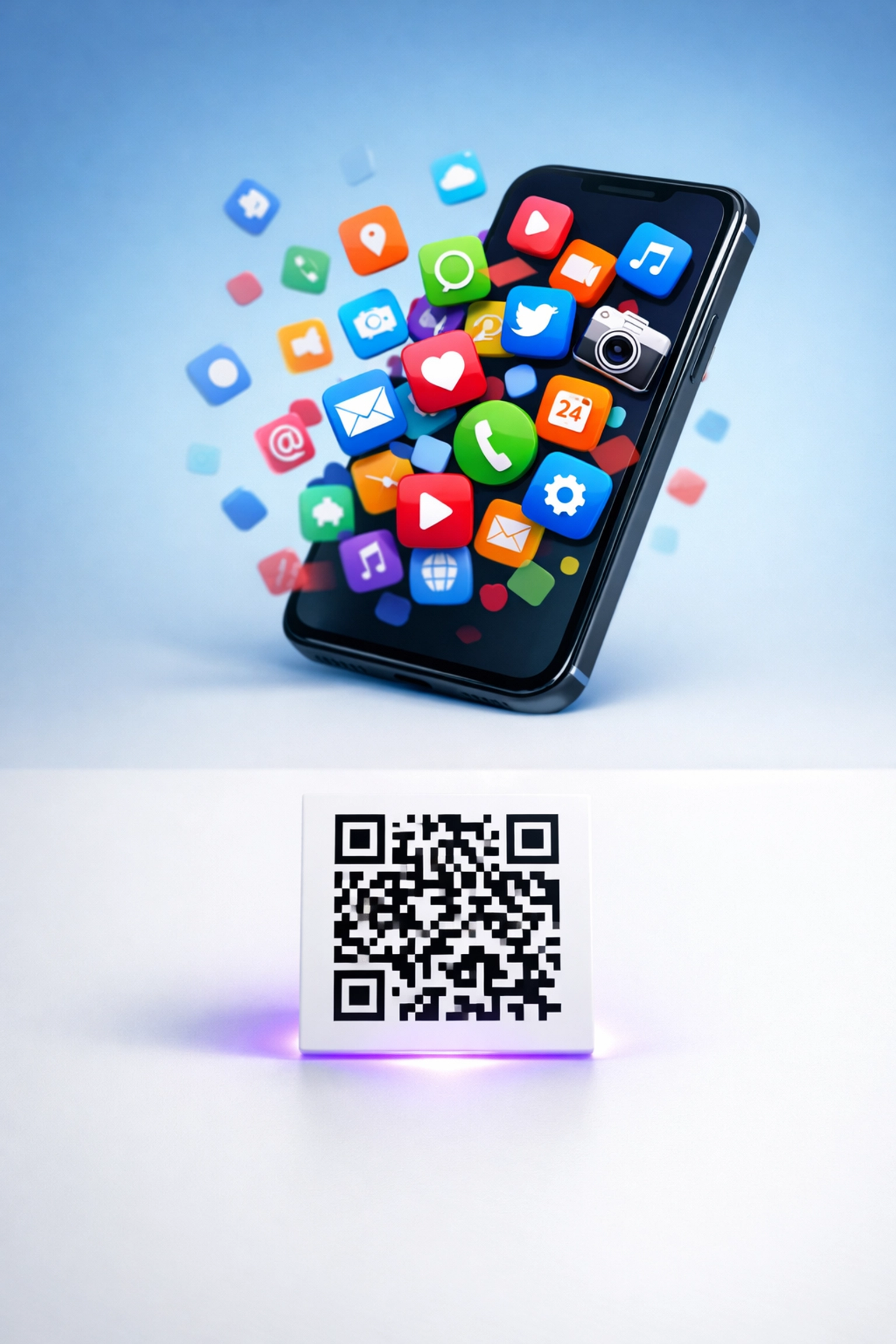 Smartphone with app icons floating away toward QR code showing shift from app clutter to simple no-app engagement