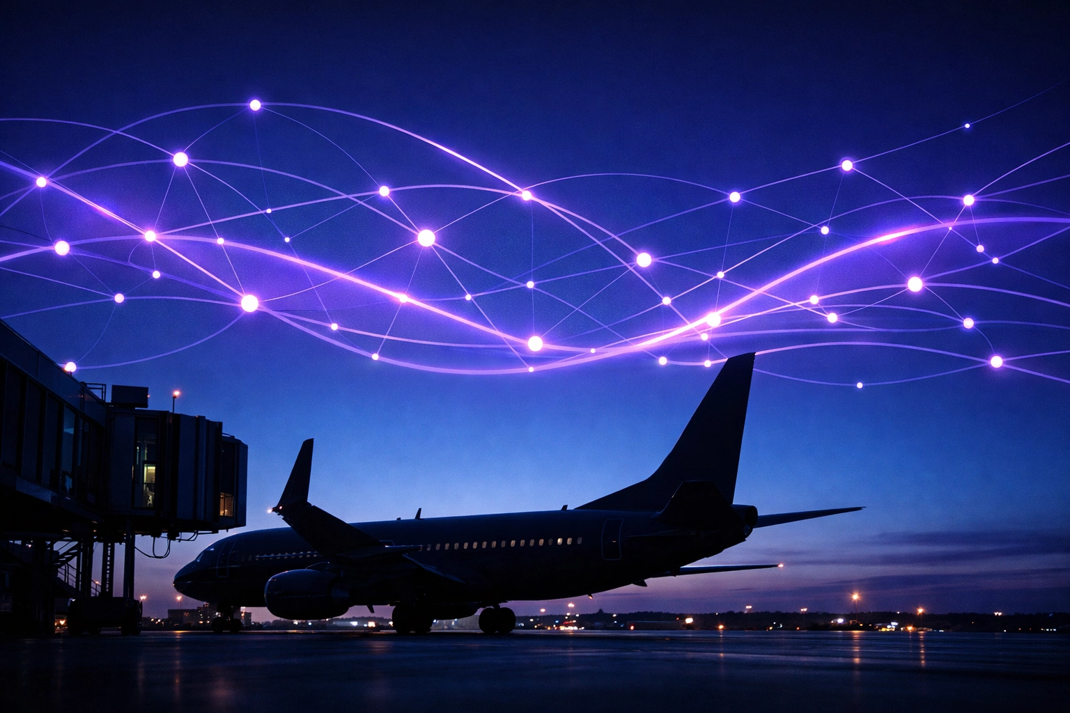 Airplane silhouette with a digital network overlay representing CXperks transit vertical expansion.