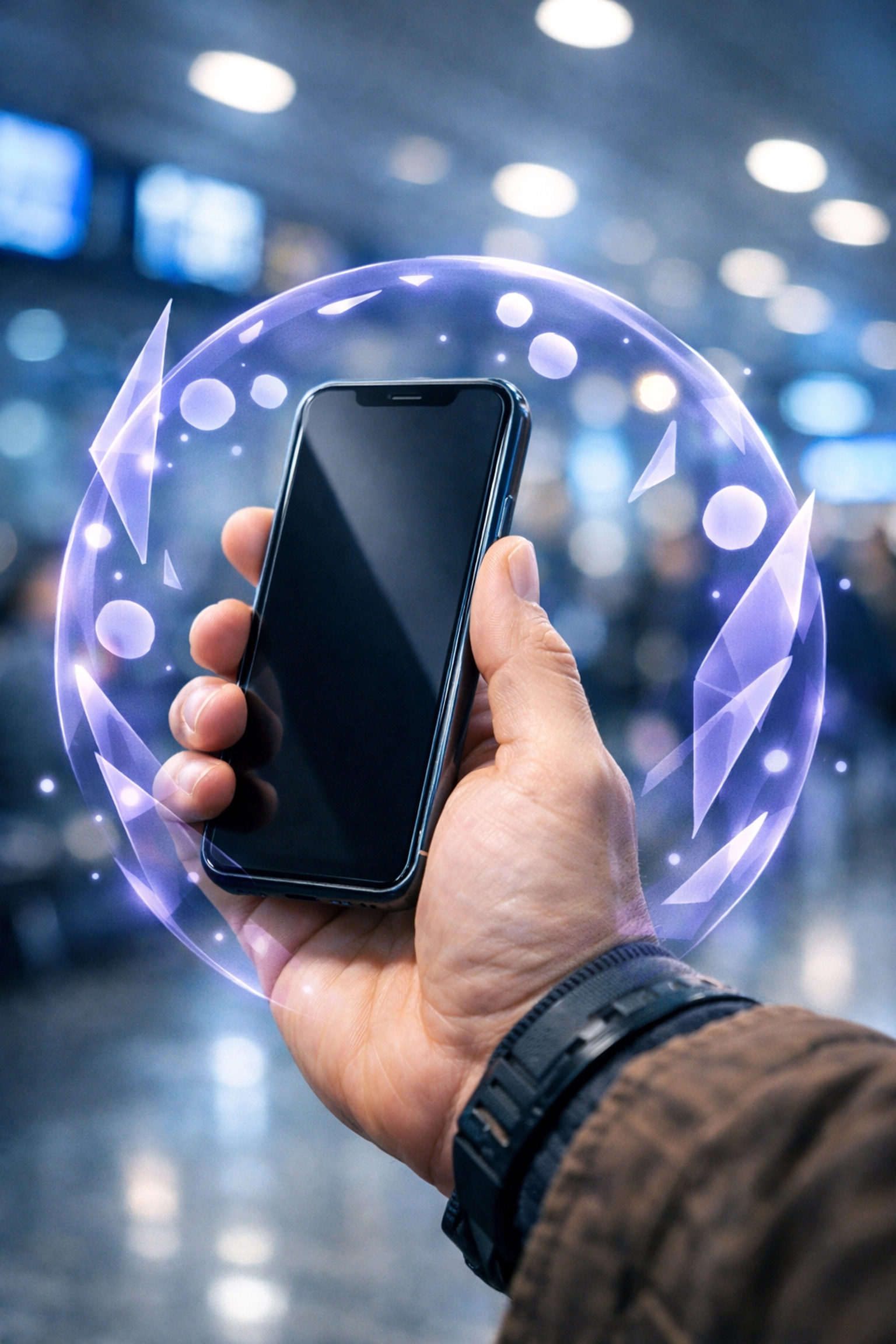 Traveler using a smartphone for secure, privacy-first digital engagement at an airport gate.