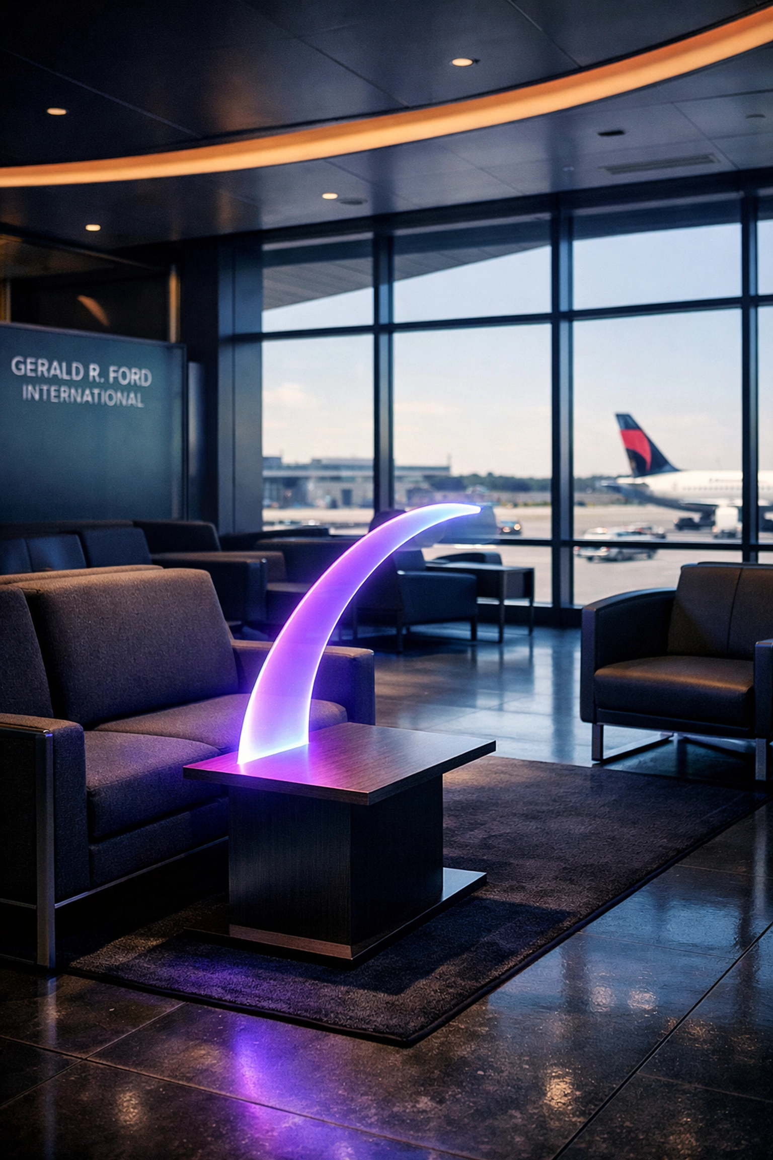 Modern airport lounge at Gerald R. Ford International featuring a digital engagement zone.