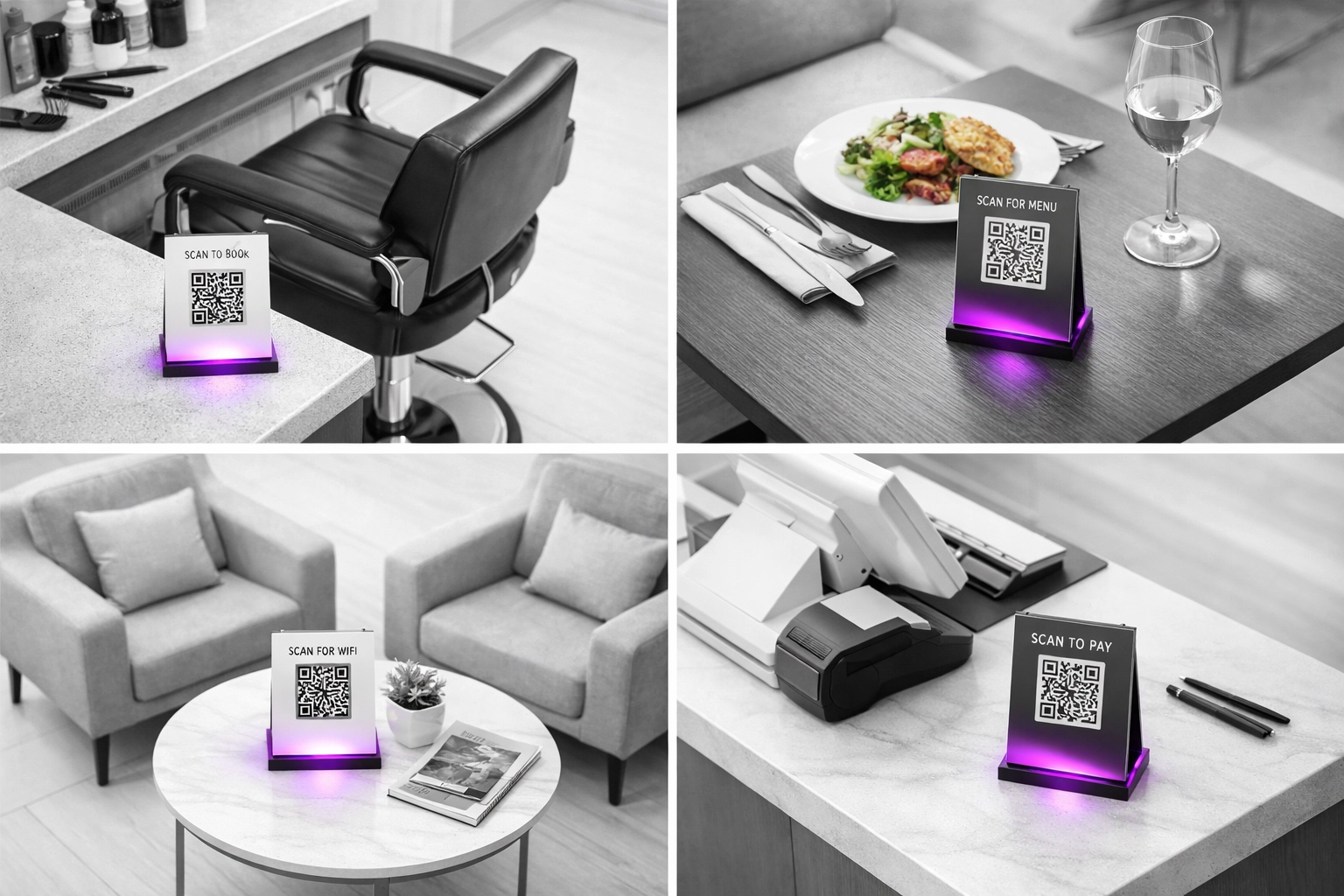 Strategic QR code placement across multiple business locations including salon, restaurant, and checkout