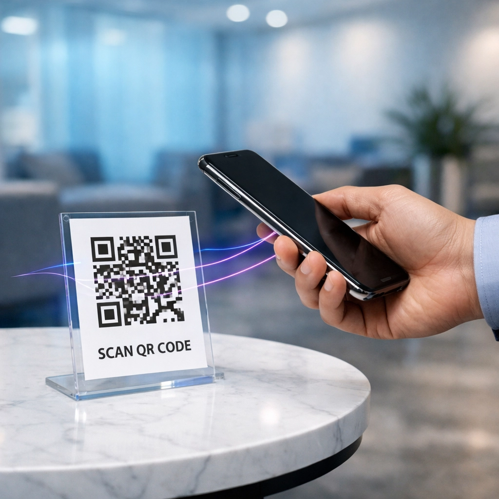 Patient scanning a QR code with a smartphone in a modern medical waiting room for a touchless check-in.