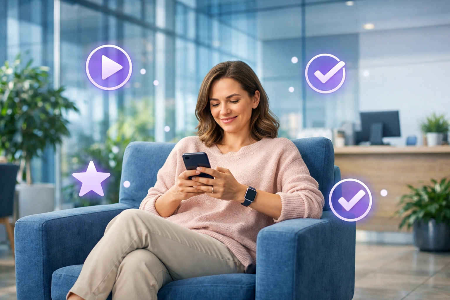 Relaxed patient using their phone for interactive waiting room entertainment in a modern medical office.