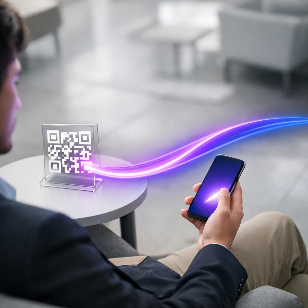 Customer using a smartphone to access a customer engagement platform via QR code in a modern waiting room.