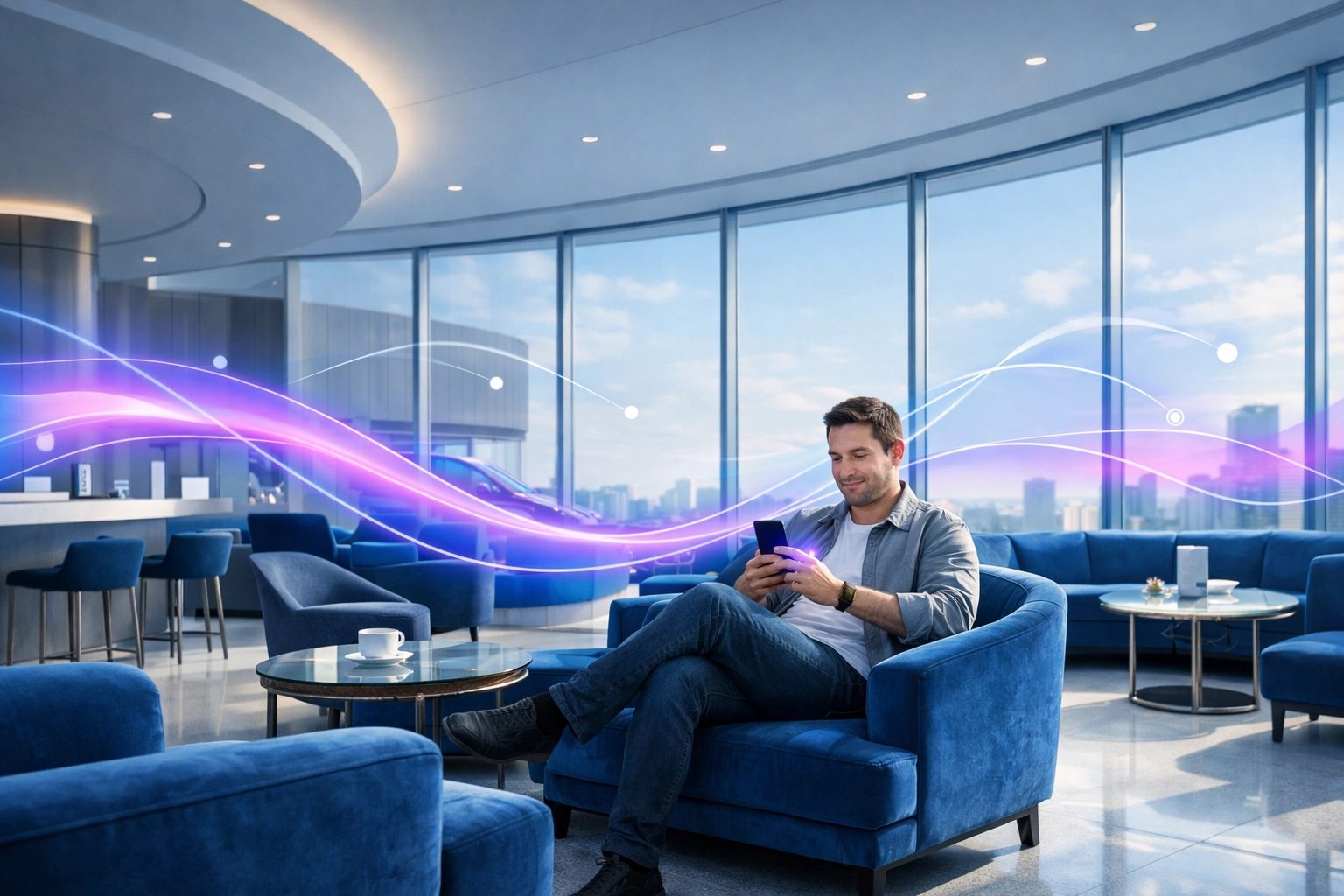 A customer in a modern lounge using their smartphone for a seamless and frictionless digital engagement journey.