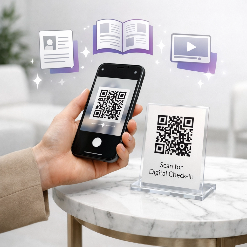 A patient scans a QR code in an interactive waiting room to access digital magazines on a smartphone.