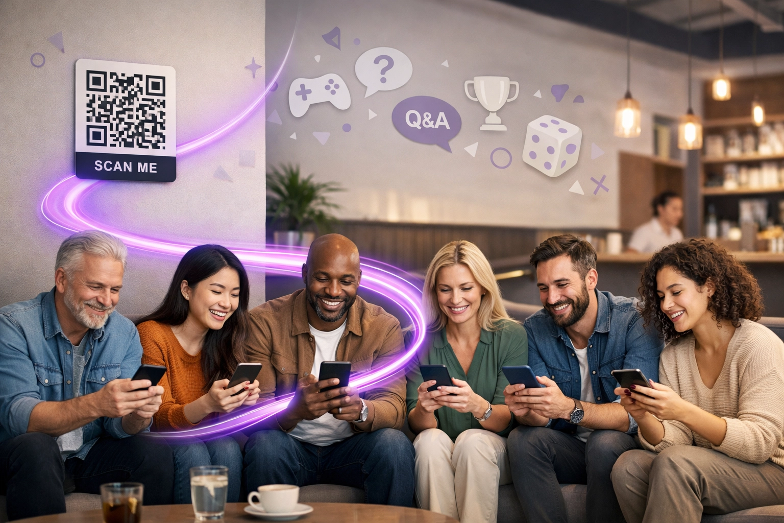 Adults enjoying interactive waiting room entertainment and games on their mobile devices in a lounge.