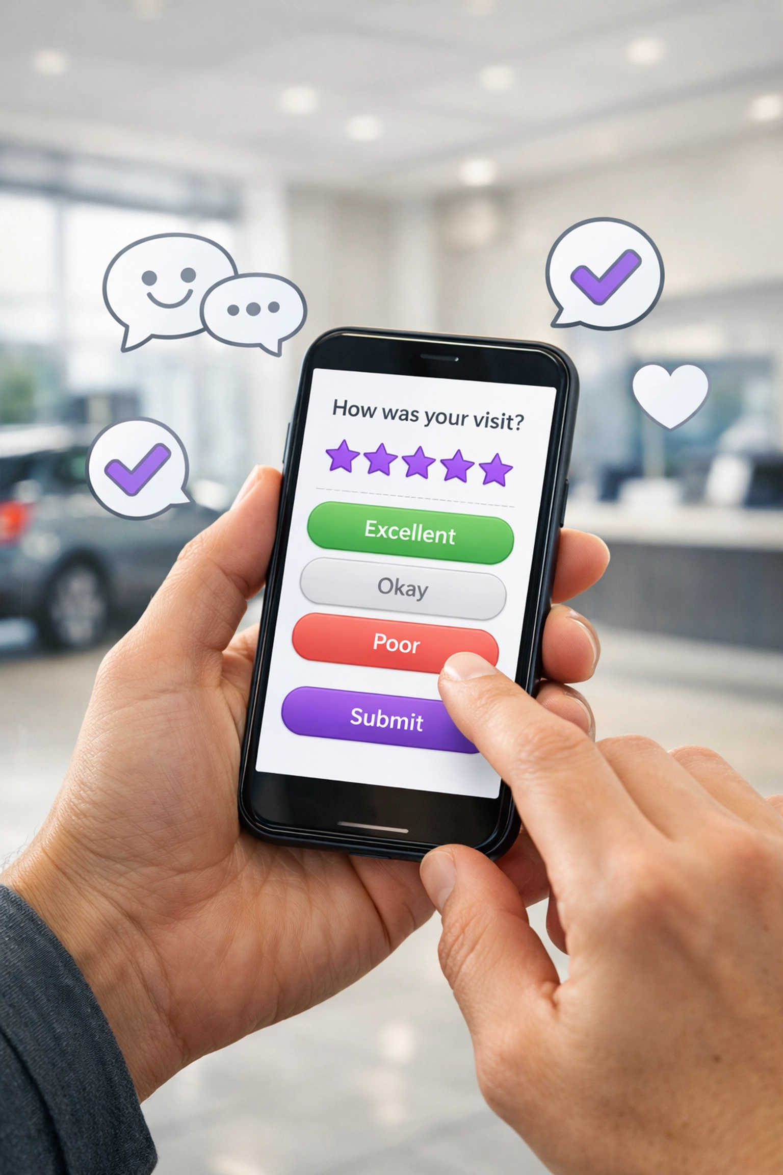 A customer providing real-time feedback via a waiting room survey QR code in a modern service center.