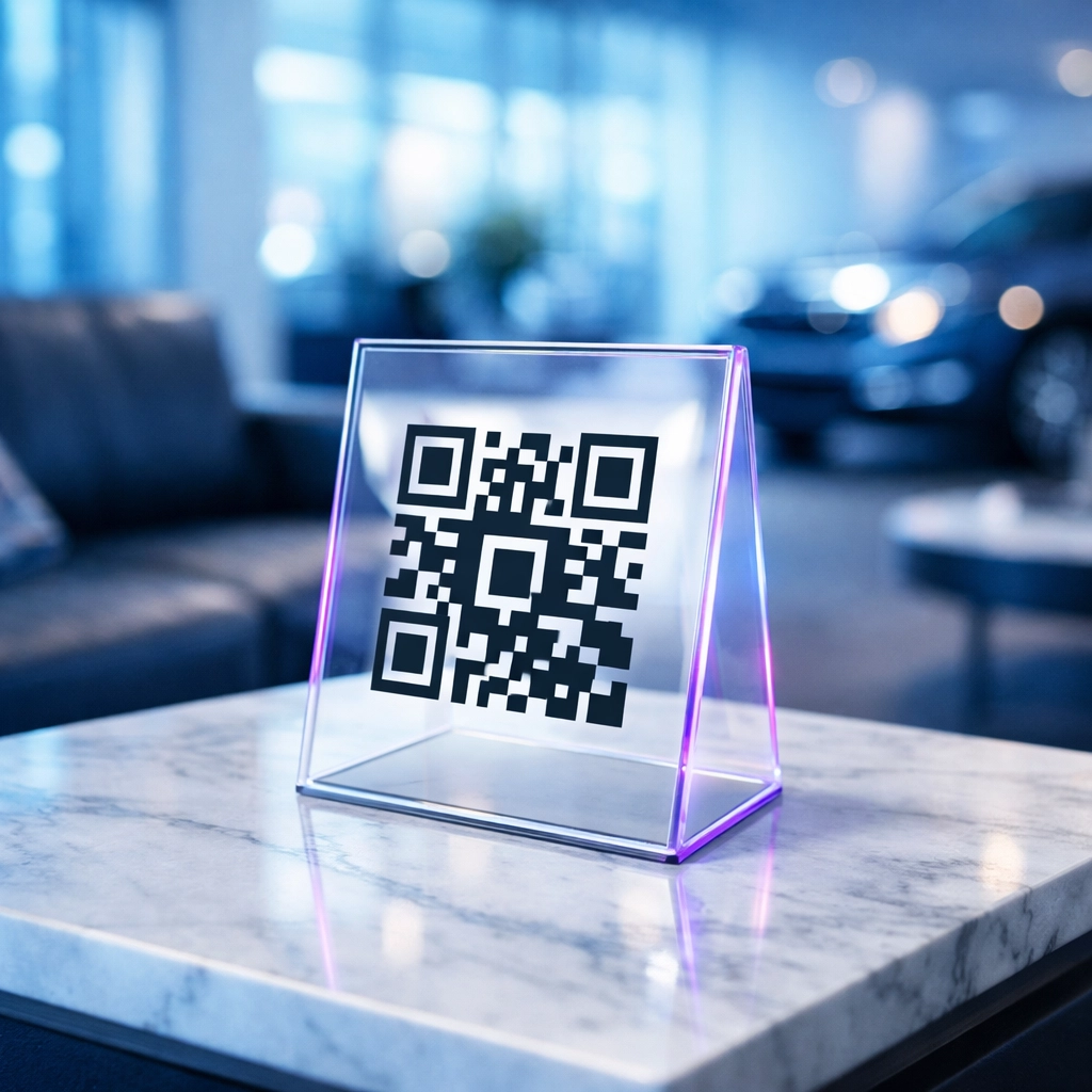 A QR code for a customer engagement platform displayed on a table tent in a sleek lounge.