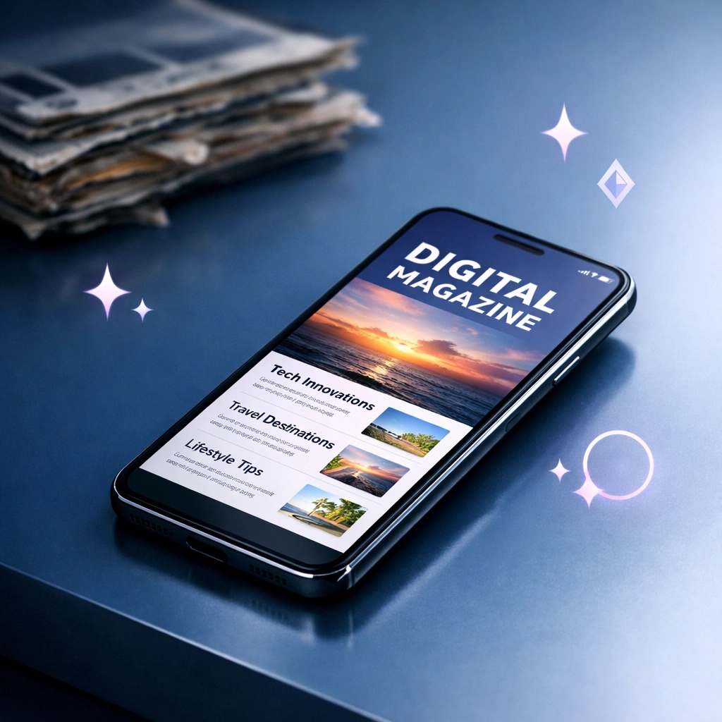 Digital magazines on a smartphone screen representing a hygienic wait time customer experience.