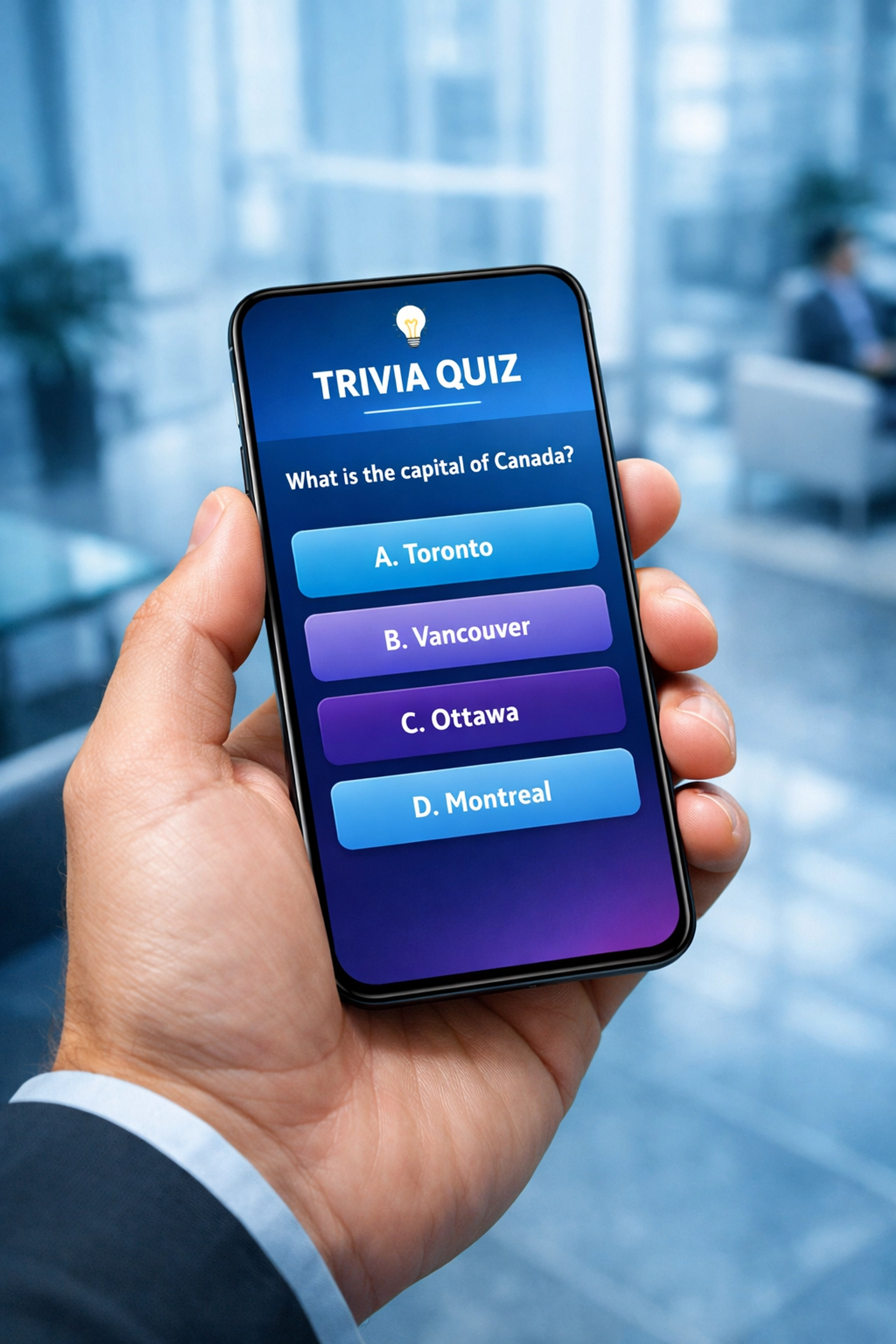 Customer using a smartphone for digital waiting room entertainment in a modern professional lobby.