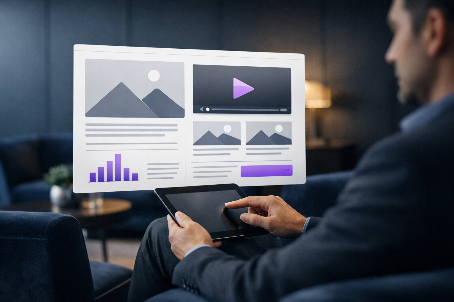 Relaxed customer reading digital magazines on a tablet in a minimalist lounge setting.