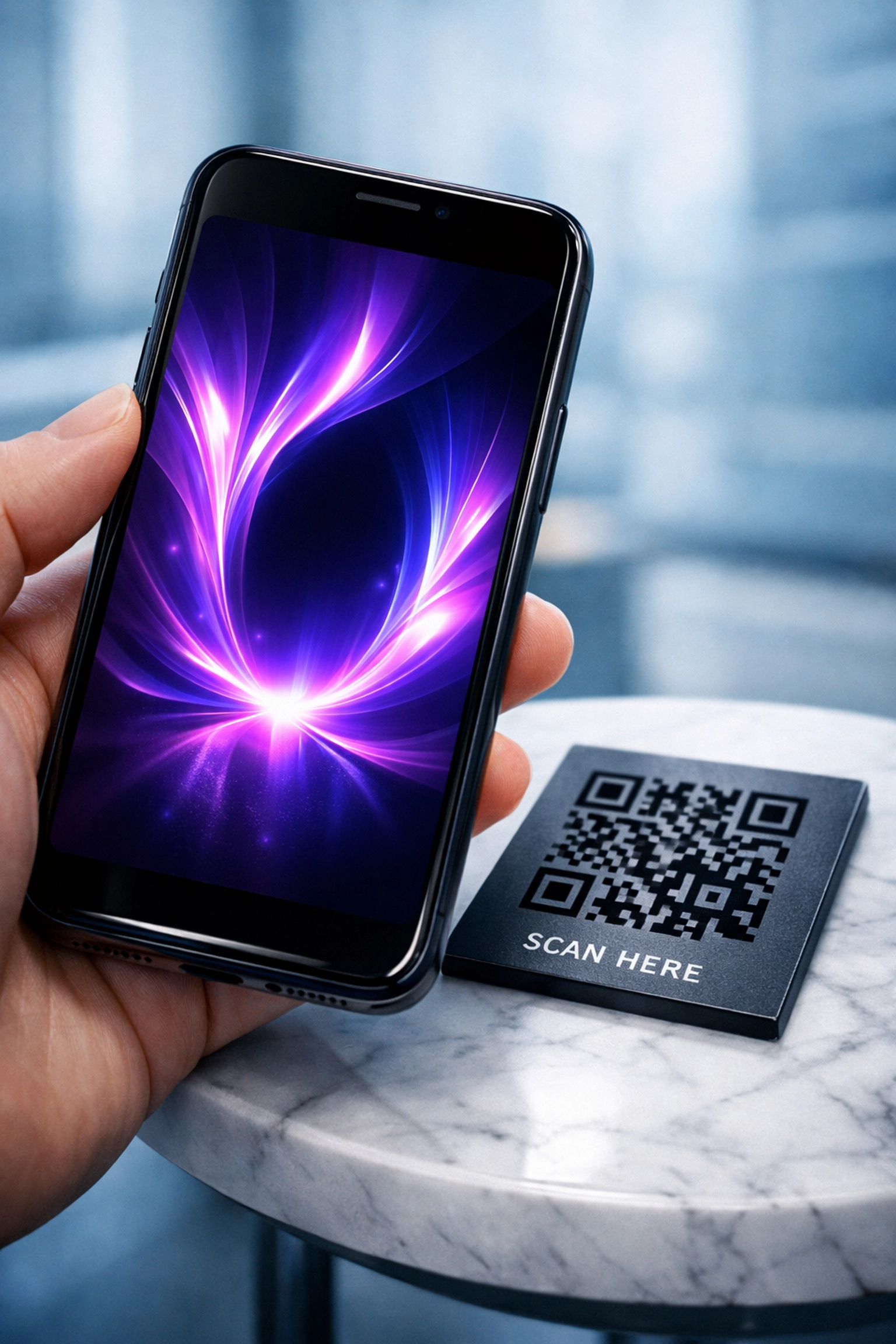 Smartphone scanning a QR code for frictionless access to digital waiting room content.